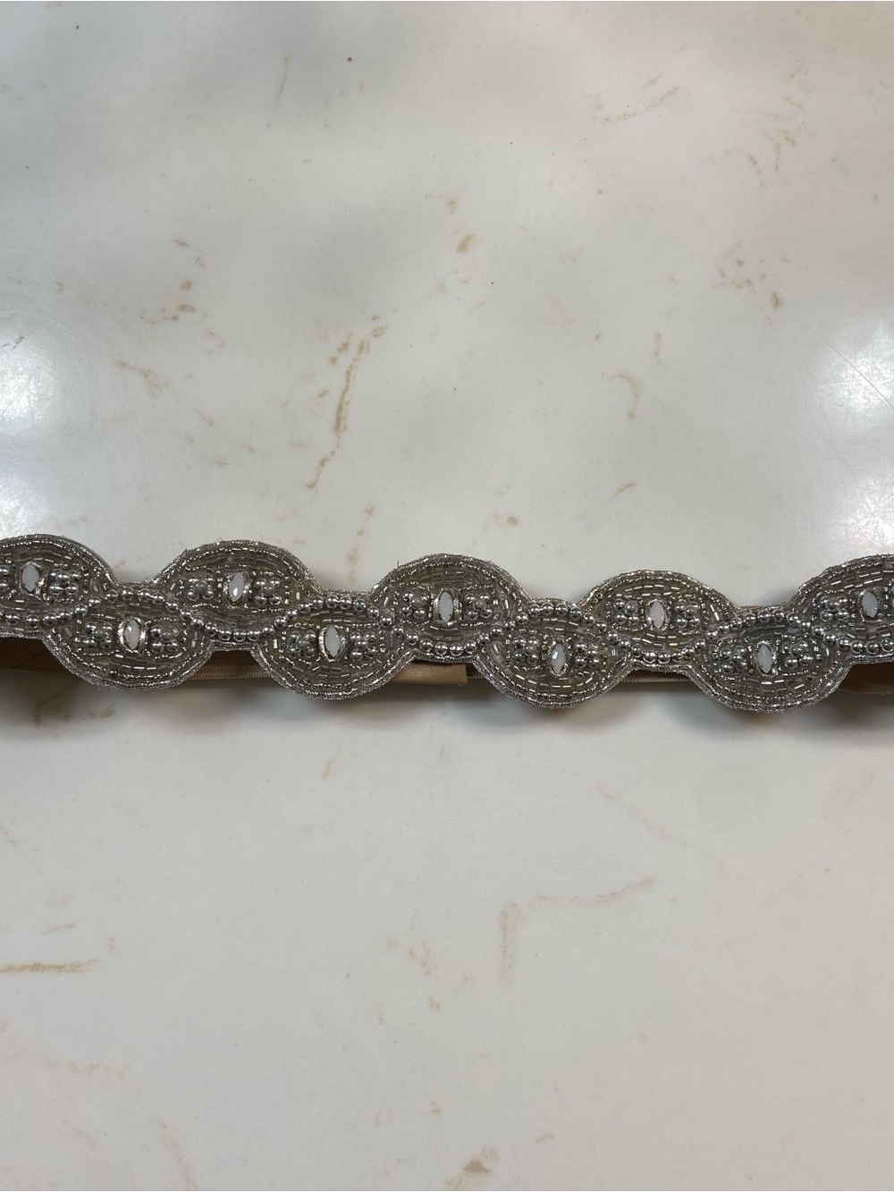 Women’s Small Silver Beaded Stretch Belt India Boho Bridal Rhinestone Statement